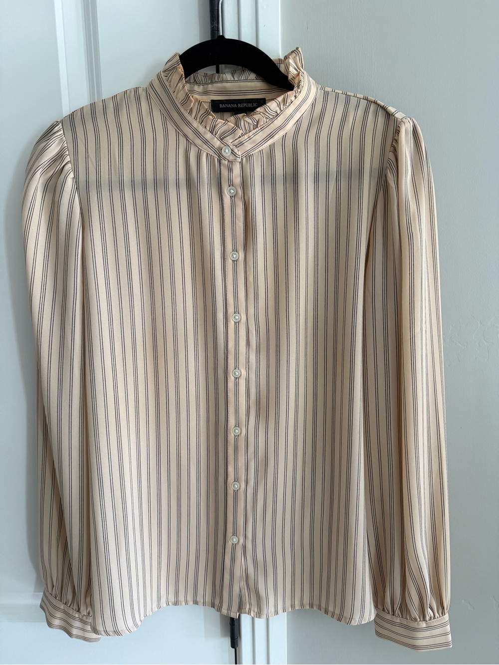 Banana Republic Beige Striped Ruffle Poet Collar Blouse - Size M